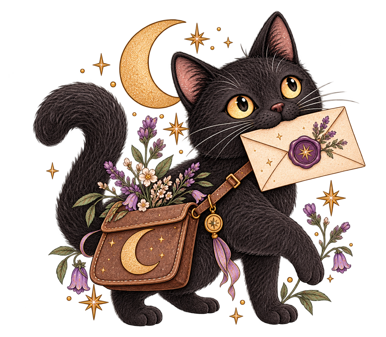 Otto, el gato negro de ojos dorados, con bandolera y un sobre sellado en la boca, rodeado de flores y estrellas